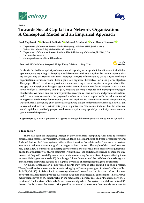 First page of “Towards Social Capital in a Network Organization: A Conceptual Model and an Empirical Approach”