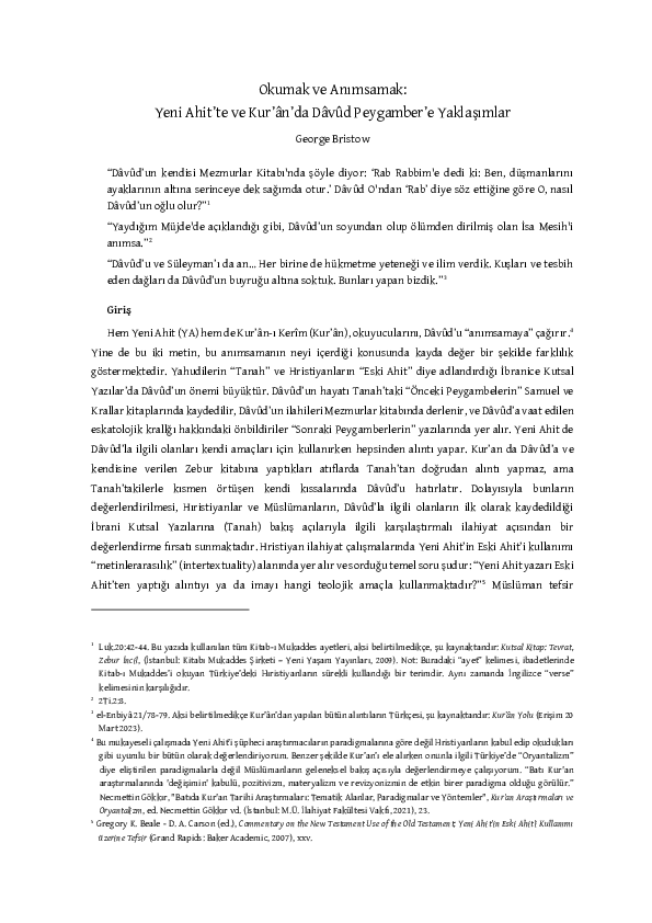 First page of “Okumak ve Anımsamak: Yeni Ahit'te ve Kur'ân'da Dâvûd Peygamber'e Yaklaşımlar”