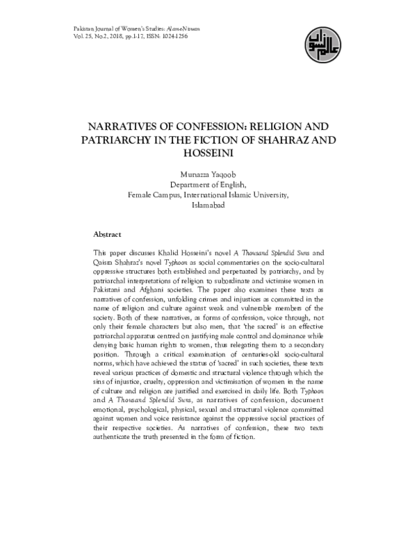 First page of “Narratives of Confession: Religion and Patriarchy in the Fiction of Shahraz and Hosseini”