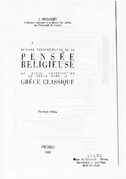 First page of “Jean Rudhardt, Notions fondamentales de la pensée religieuse et actes constitutifs du culte dans la Grèce classique [1992]”