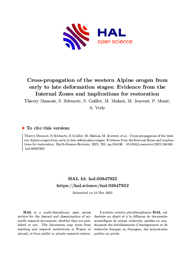 First page of “Cross-propagation of the western Alpine orogen from early to late deformation stages: Evidence from the Internal Zones and implications for restoration”