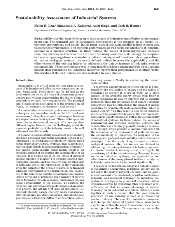 First page of “Sustainability Assessment of Industrial Systems”