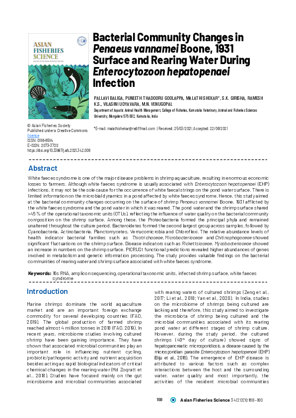 First page of “Bacterial Community Changes in Penaeus vannamei Boone, 1931 Surface and Rearing Water During Enterocytozoon hepatopenaei Infection”