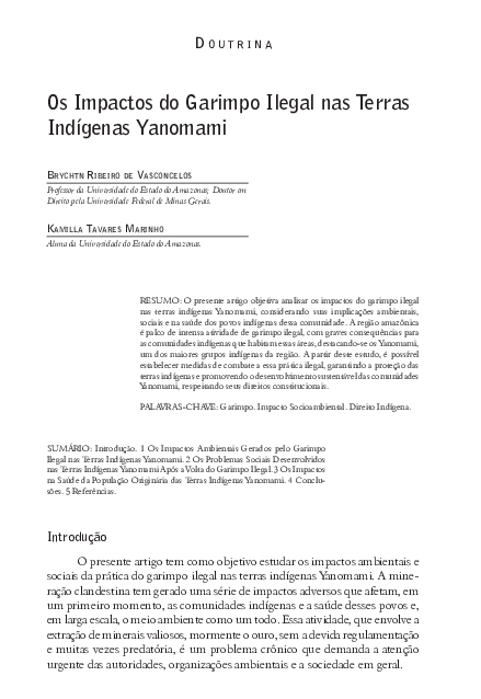 First page of “Os Impactos do Garimpo Ilegal nas Terras Indígenas Yanomami”