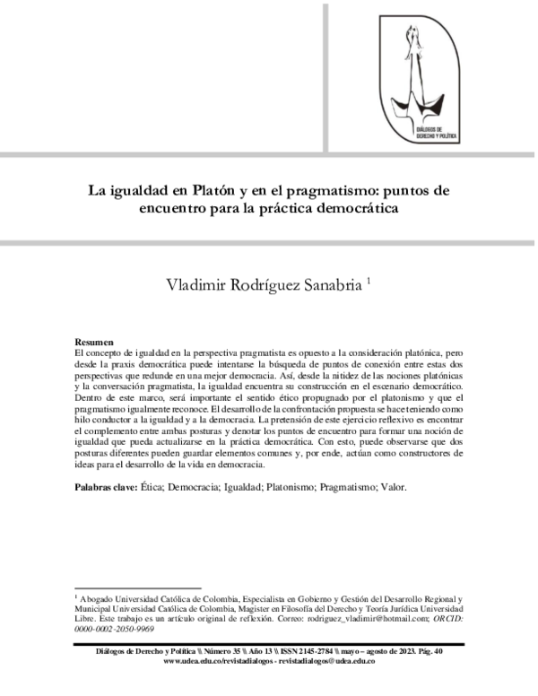 First page of “La igualdad en Platón y en el pragmatismo: puntos de encuentro para la práctica democrática”