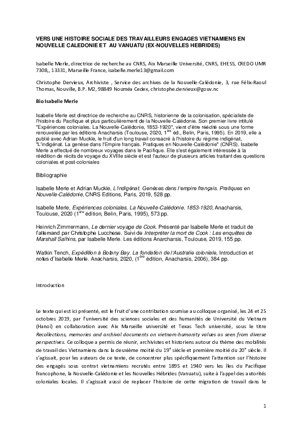 First page of “Vers une histoire sociale des travailleurs engagés vietnamiens en Nouvelle-Calédonie et au Vanuatu (ex Nouvelles-Hébrides)”