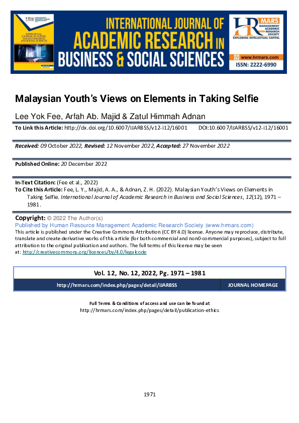 First page of “Malaysian Youth’s Views on Elements in Taking Selfie”