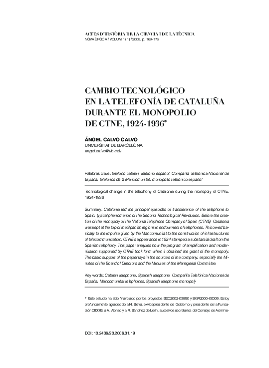 First page of “Cambio tecnol�gico en la telefon�a de Catalu�a durante el monopolio de CTNE, 1924-1936”