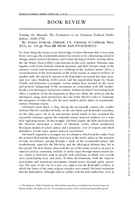 First page of “Book review: Aslıhan Gürbüzel, Taming the Messiah: The Formation of an Ottoman Political Public Sphere, 1600-1700, Oakland: University of California Press 2023”