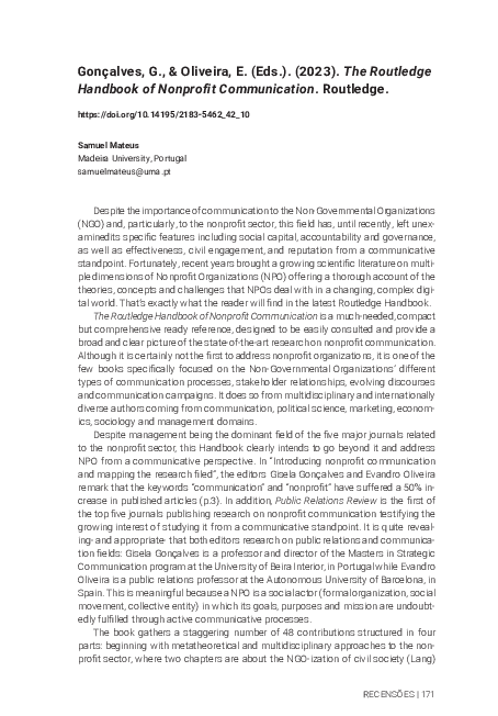 First page of “Gonçalves, G., &amp; Oliveira, E. (Eds.). (2023). The Routledge Handbook of Nonprofit Communication. Routledge”