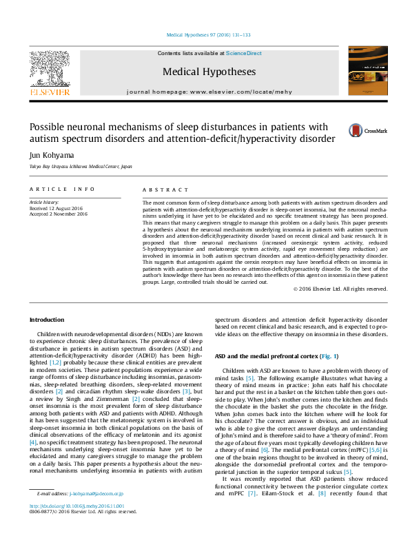 First page of “Possible neuronal mechanisms of sleep disturbances in patients with autism spectrum disorders and attention-deficit/hyperactivity disorder”