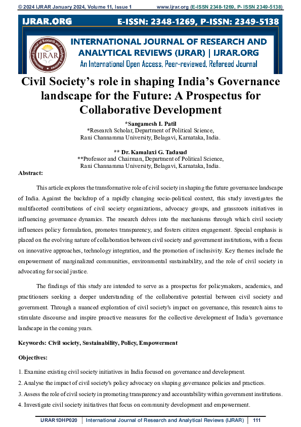 First page of “Civil Society's role in shaping India's Governance landscape for the Future: A Prospectus for Collaborative Development”