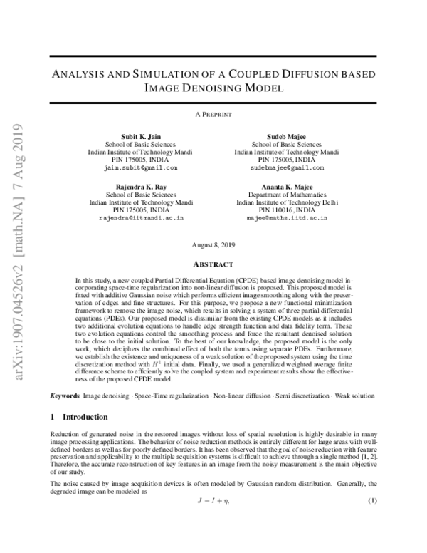 First page of “Analysis and Simulation of a Coupled Diffusion based Image Denoising Model”