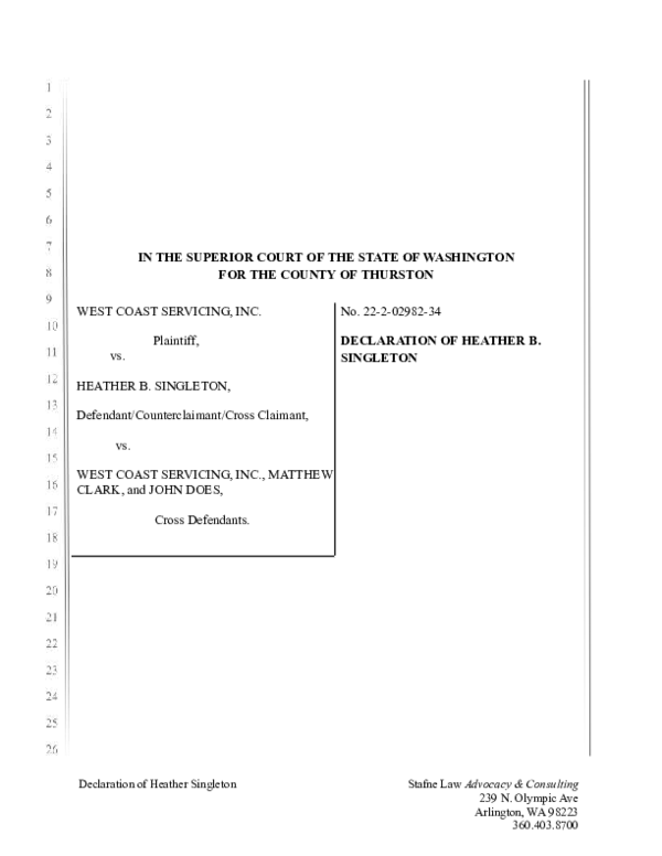 First page of “Thurston County, Washington Superior Court - West Coast Servicing, Inc. v. Heather Singleton - The declaration of Heather Singleton in support of Motions”