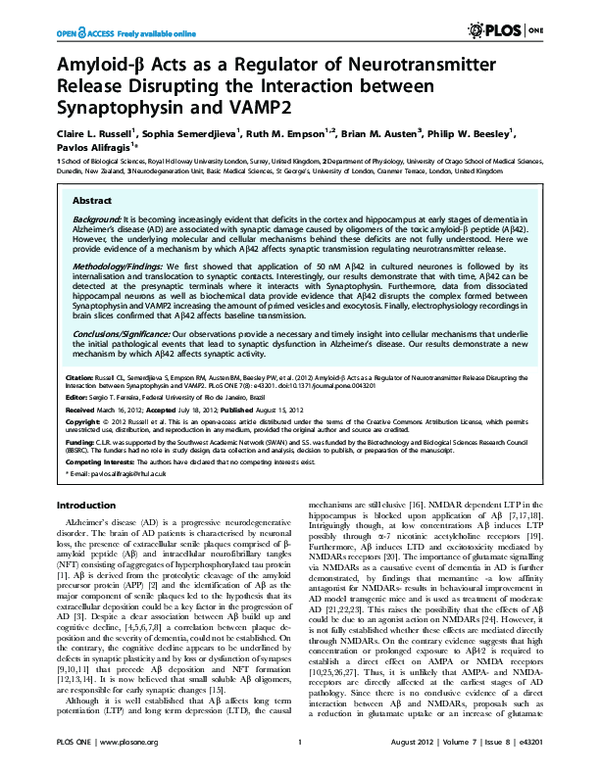 First page of “Amyloid-β Acts as a Regulator of Neurotransmitter Release Disrupting the Interaction between Synaptophysin and VAMP2”