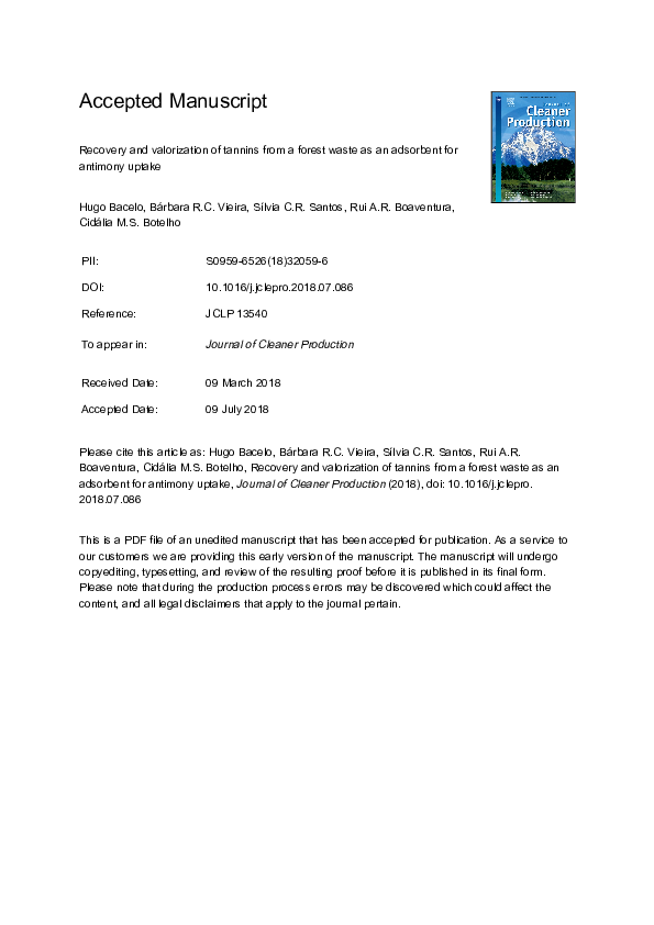 First page of “Recovery and valorization of tannins from a forest waste as an adsorbent for antimony uptake”