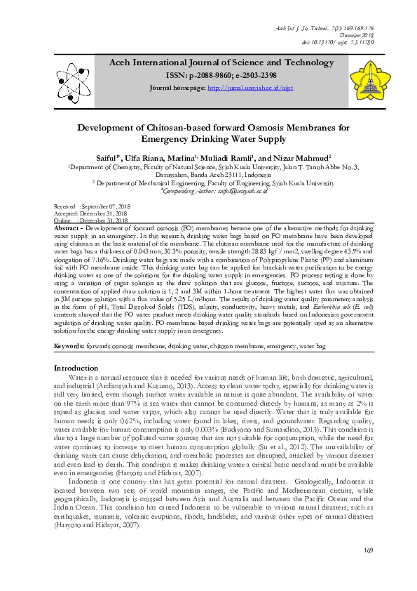 First page of “Development Chitosan-based forward Osmosis Membranes for Emergency Drinking Water Supply”