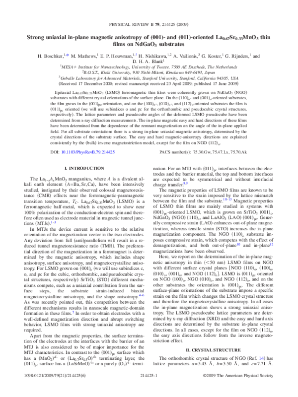 First page of “Strong uniaxial in-plane magnetic anisotropy of (001)- and (011)-orientedLa0.67Sr0.33MnO3thin films onNdGaO3substrates”