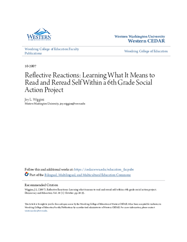 First page of “Reflective Reactions: Learning What It Means to Read and Reread Self Within a 6th Grade Social Action Project”