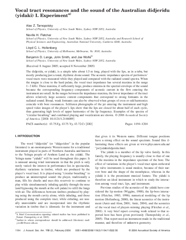 First page of “Vocal tract resonances and the sound of the Australian didjeridu (yidaki) I. Experiment”