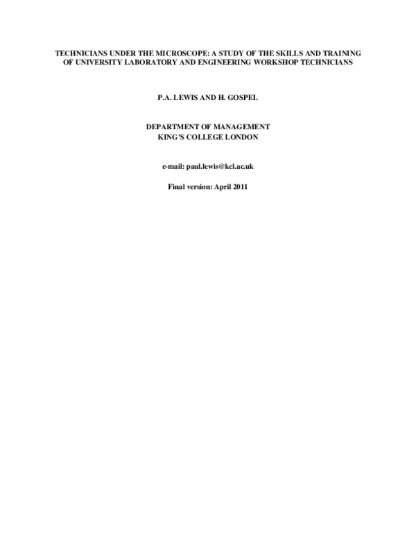 First page of “Technicians under the Microscope: A Study of the Skills and Training of University Laboratory and Engineering Workshop Technicians”