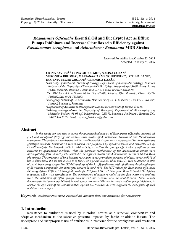 First page of “Rosmarinus Officinalis Essential Oil and Eucalyptol Act as Efflux Pumps Inhibitors and Increase Ciprofloxacin Efficiency against Pseudomonas Aeruginosa and Acinetobacter Baumannii MDR Strains”