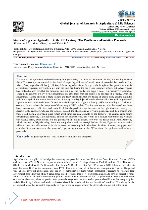 First page of “Status of Nigerian Agriculture in the 21st Century: The Problems and Solution Proposals”