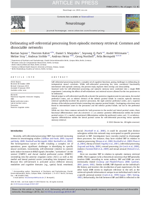 First page of “Delineating self-referential processing from episodic memory retrieval: Common and dissociable networks”