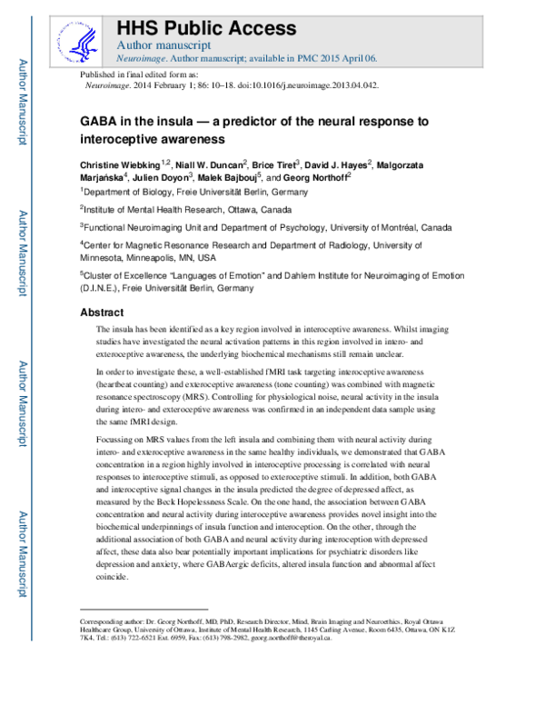 First page of “GABA in the insula — a predictor of the neural response to interoceptive awareness”