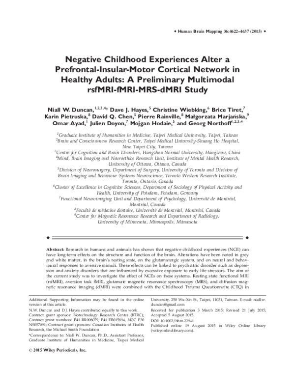 First page of “Negative childhood experiences alter a prefrontal-insular-motor cortical network in healthy adults: A preliminary multimodal rsfMRI-fMRI-MRS-dMRI study”