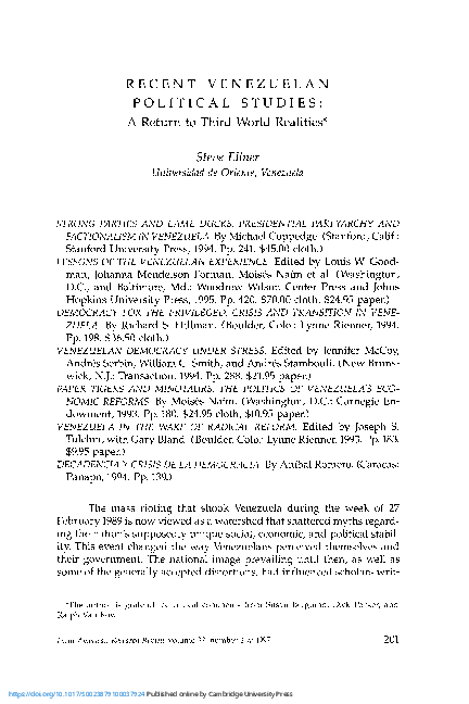 First page of “Recent Venezuelan Political Studies: A Return to Third World Realities”