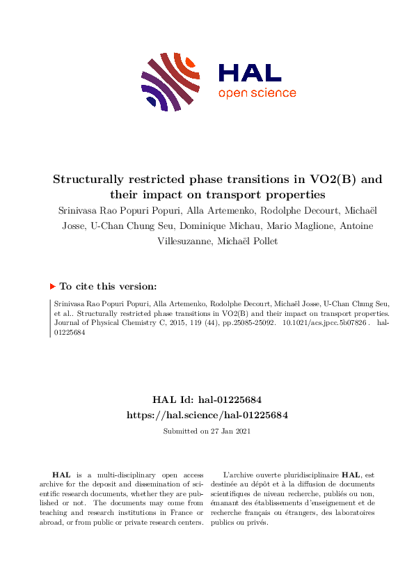 First page of “Structurally Restricted Phase Transitions in VO2(B) and Their Impact on Transport Properties”