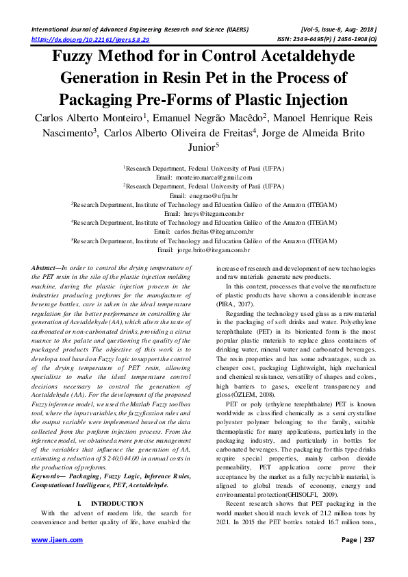 First page of “Fuzzy Method for in Control Acetaldehyde Generation in Resin Pet in the Process of Packaging Pre-Forms of Plastic Injection”