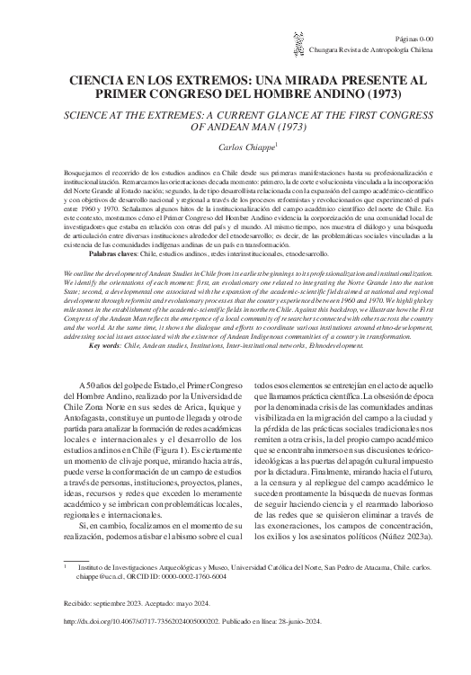 First page of “Ciencia en los extremos: una mirada presente al Primer Congreso del Hombre Andino (1973)”