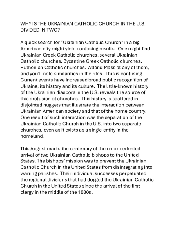 First page of “WHY IS THE UKRAINIAN CATHOLIC CHURCH IN THE U.S. DIVIDED IN TWO”