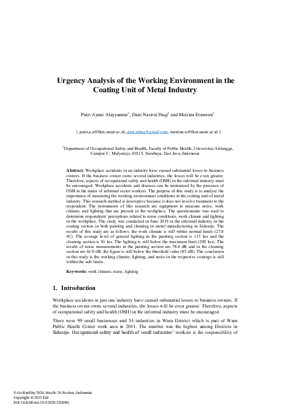 First page of “Urgency Analysis of the Working Environment in the Coating Unit of Metal Industry”