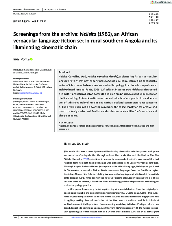 First page of “Screenings from the archive: Nelisita (1982), an African vernacular-language fiction set in rural southern Angola and its illuminating cinematic chain”