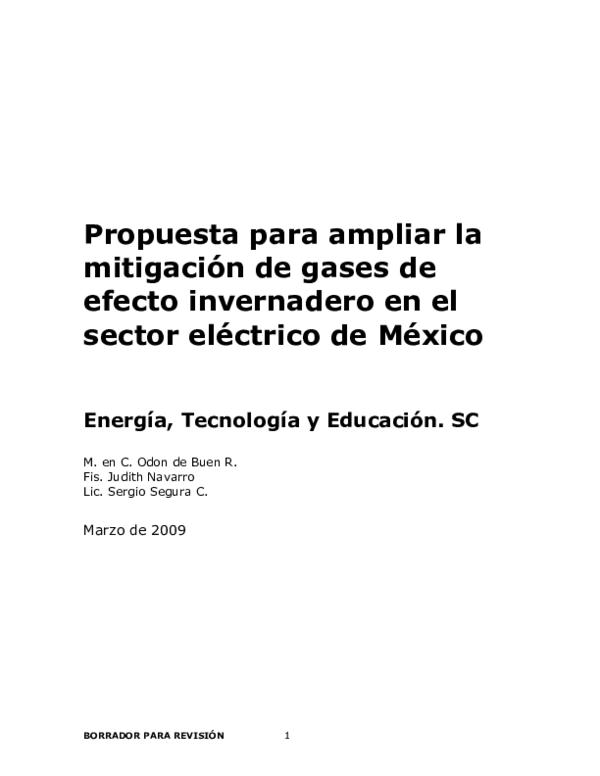 First page of “Propuesta para ampliar la mitigación de gases de efecto invernadero en el sector eléctrico de México”