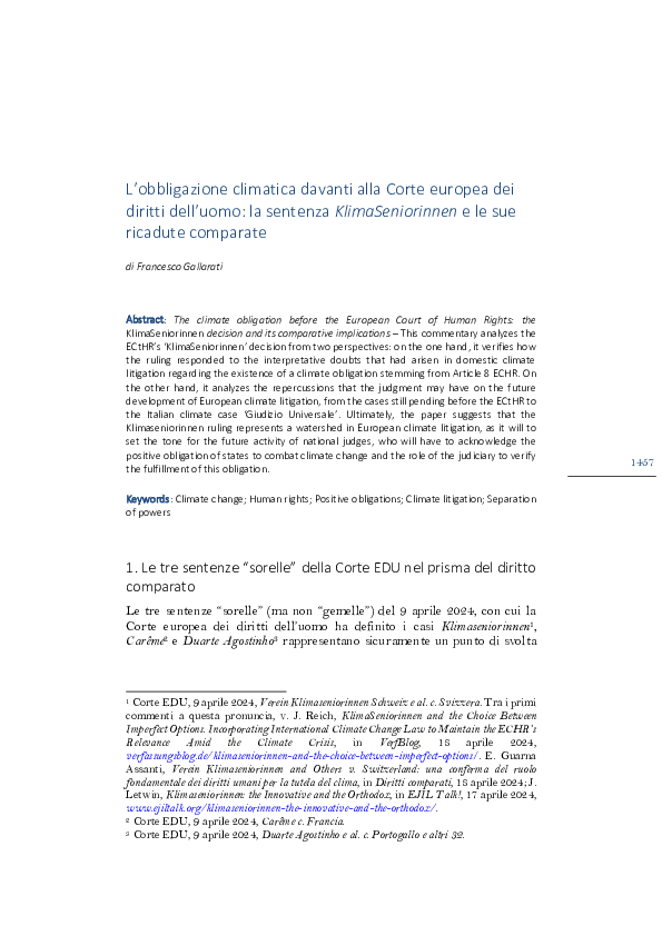 First page of “L'obbligazione climatica davanti alla Corte europea dei diritti dell'uomo: la sentenza KlimaSeniorinnen e le sue ricadute comparate”