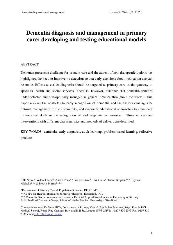 First page of “Dementia Diagnosis and Management in Primary Care”