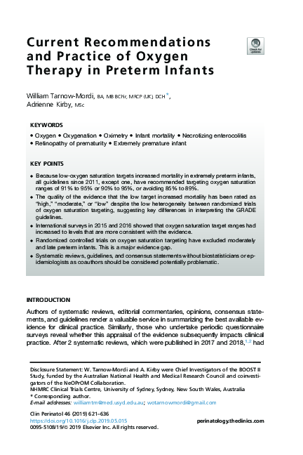 First page of “Current Recommendations and Practice of Oxygen Therapy in Preterm Infants”