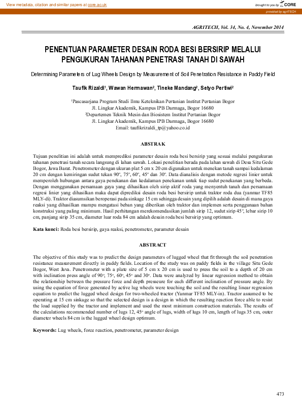 First page of “PENENTUAN PARAMETER DESAIN RODA BESI BERSIRIP MELALUI PENGUKURAN TAHANAN PENETRASI TANAH DI SAWAH (Determining Parameters of Lug Wheels Design by Measurement of Soil Penetration Resistance in Paddy Field)”