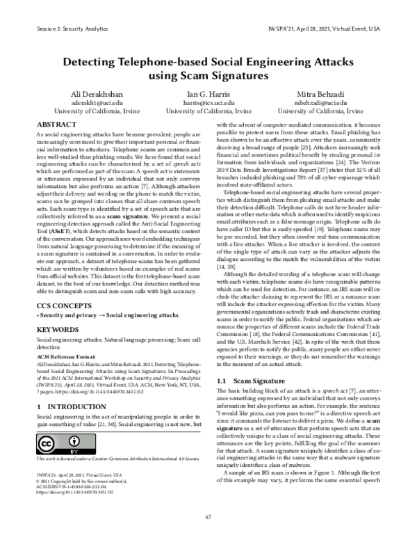 First page of “Detecting Telephone-based Social Engineering Attacks using Scam Signatures”