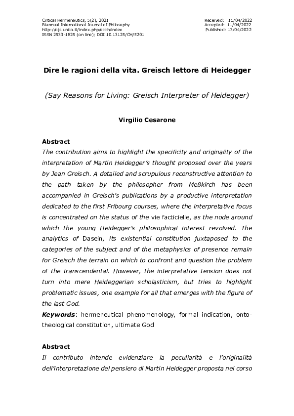 First page of “Dire le ragioni della vita. Greisch lettore di Heidegger”