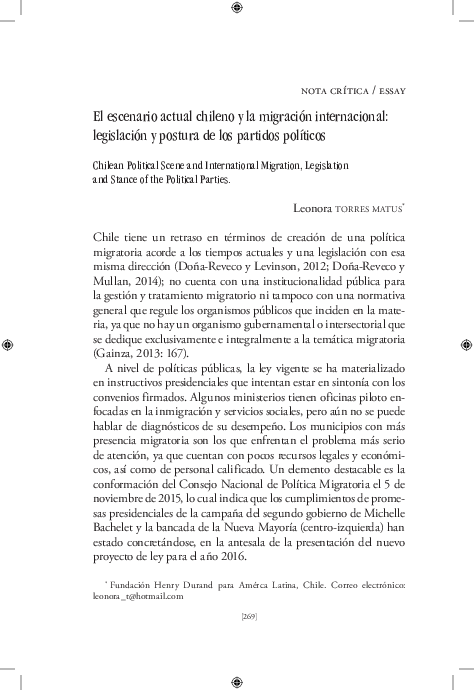 First page of “El escenario actual chileno y la migración internacional: legislación y postura de los partidos políticos”