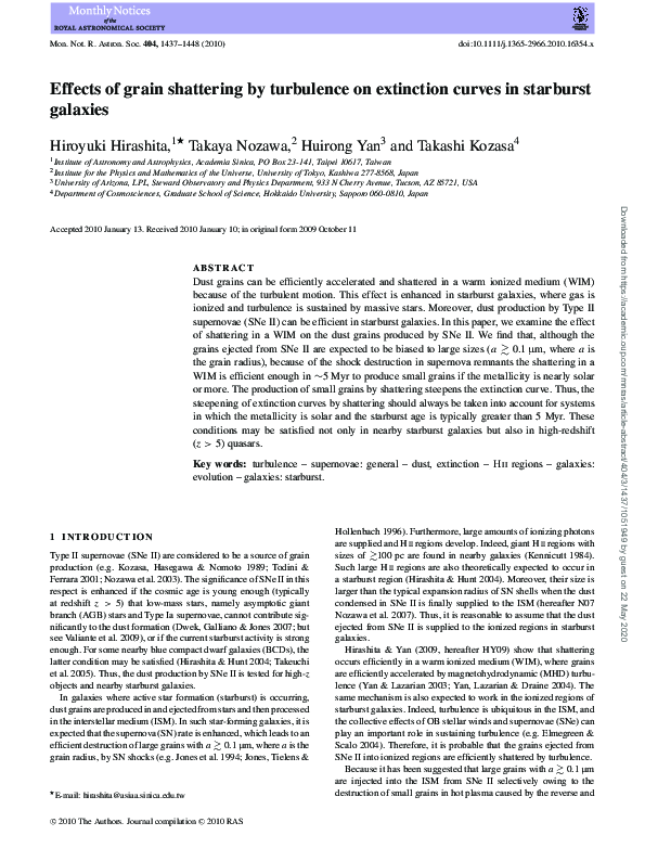 First page of “Effects of grain shattering by turbulence on extinction curves in starburst galaxies”