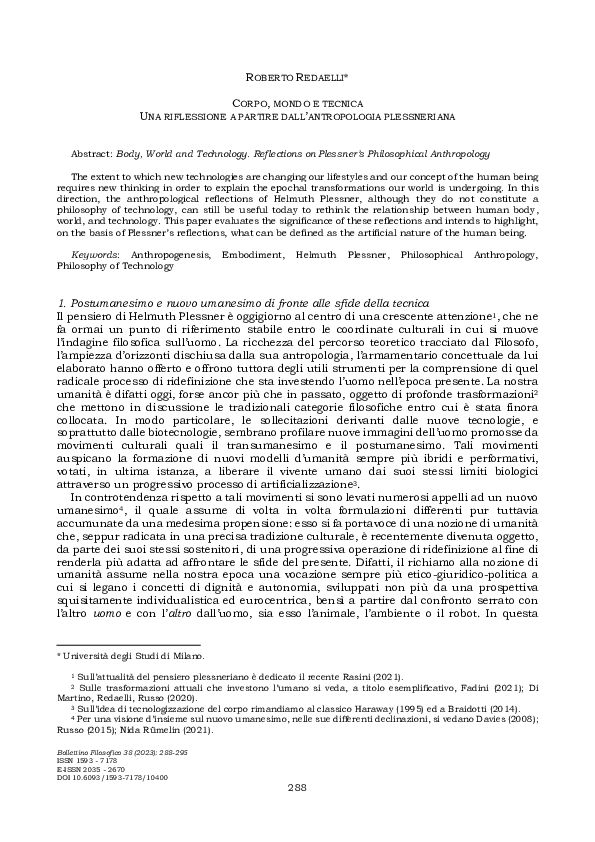 First page of “Corpo, mondo e tecnica. Una riflessione a partire dall'antropologia plessneriana”