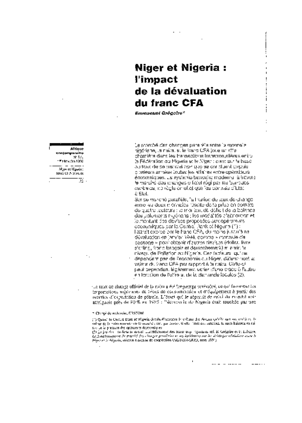 First page of “Niger et Nigeria : l'impact de la dévaluation du franc CFA”