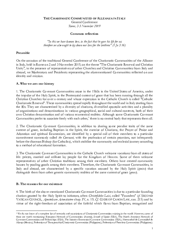 First page of “"THE CHARISMATIC COVENANT COMMUNITIES IN ITALY", Common reflection”