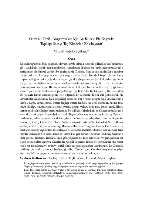 First page of “Osmanlı Tarihi Araştırmaları İçin Az Bilinen Bir Kaynak: Topkapı Sarayı Taş Kitabeler Koleksiyonu”